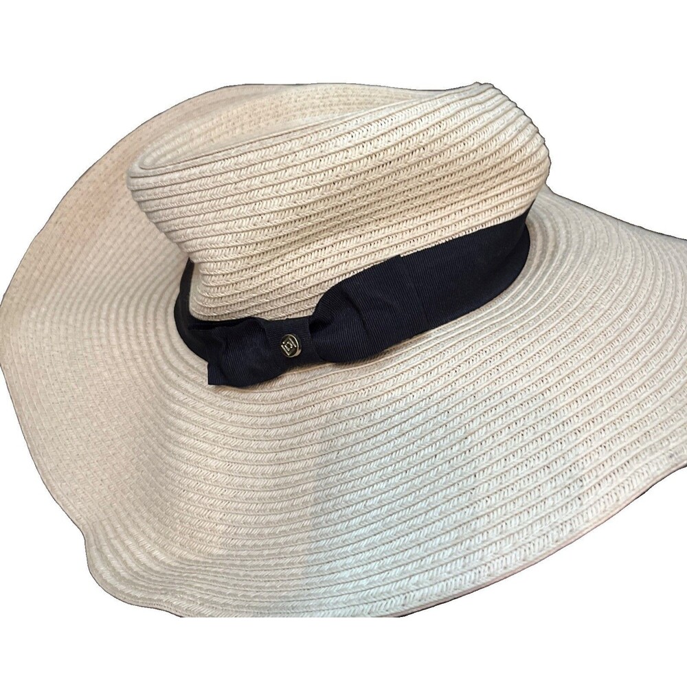 Liz Claiborne Straw Sun Hat Wide Brim Floppy Boho Black Ribbon Tan Beach NWOT